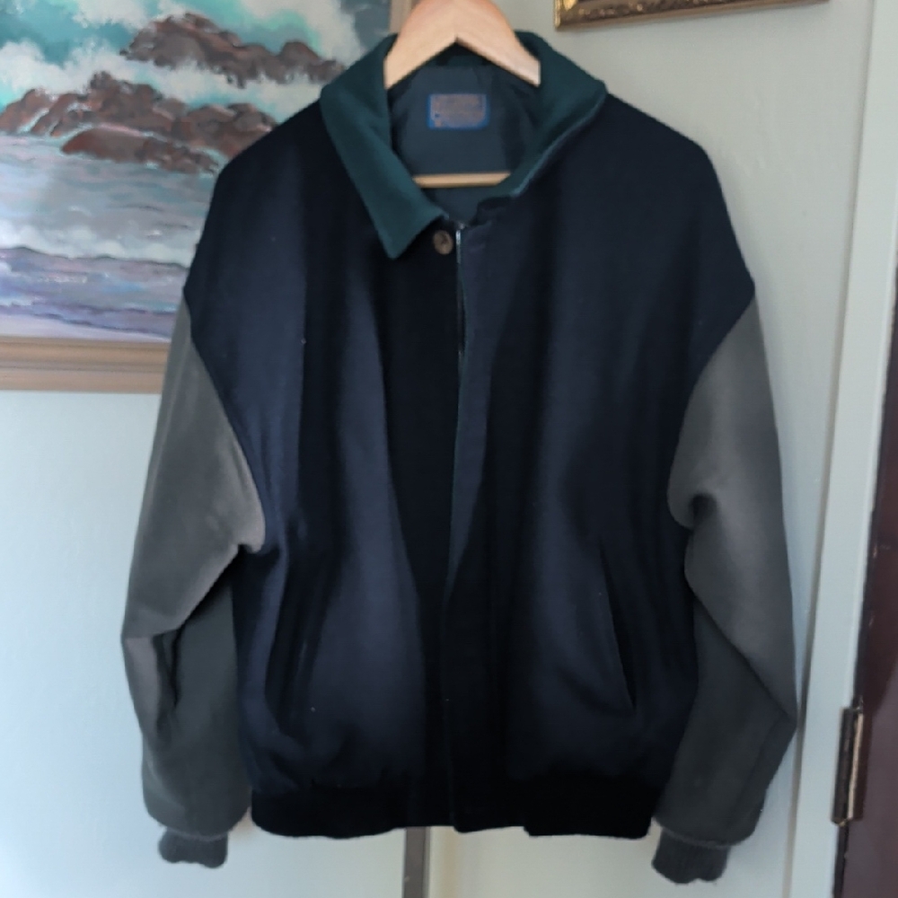 Pendleton Black and Gray Bomber Jacket with Green Collar